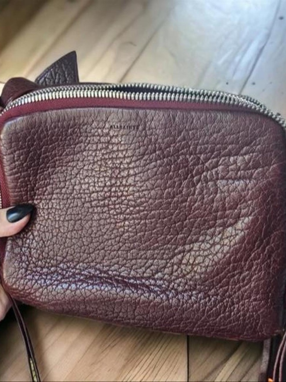 All Saints leather camera bag maroon burgundy leather crossbody purse
